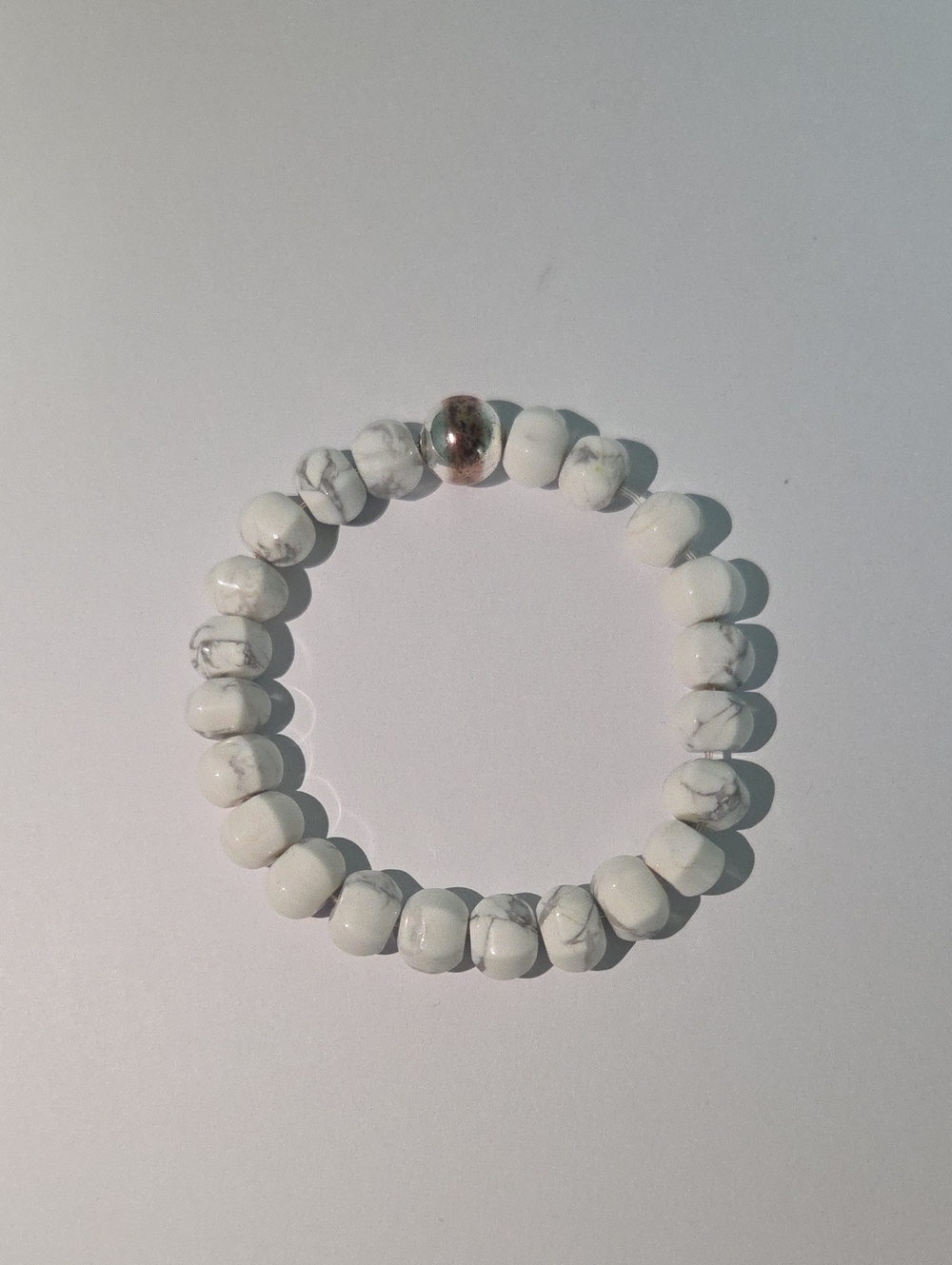 White Howlite Beaded Stretch Bracelet with Silver Accent